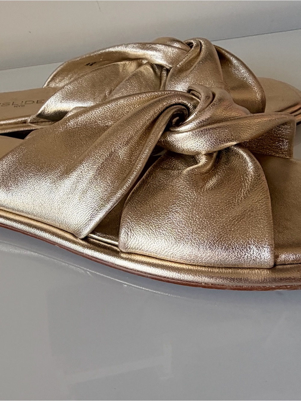 J/SLIDES Metallic Gold Knot Slide Mules Size 9